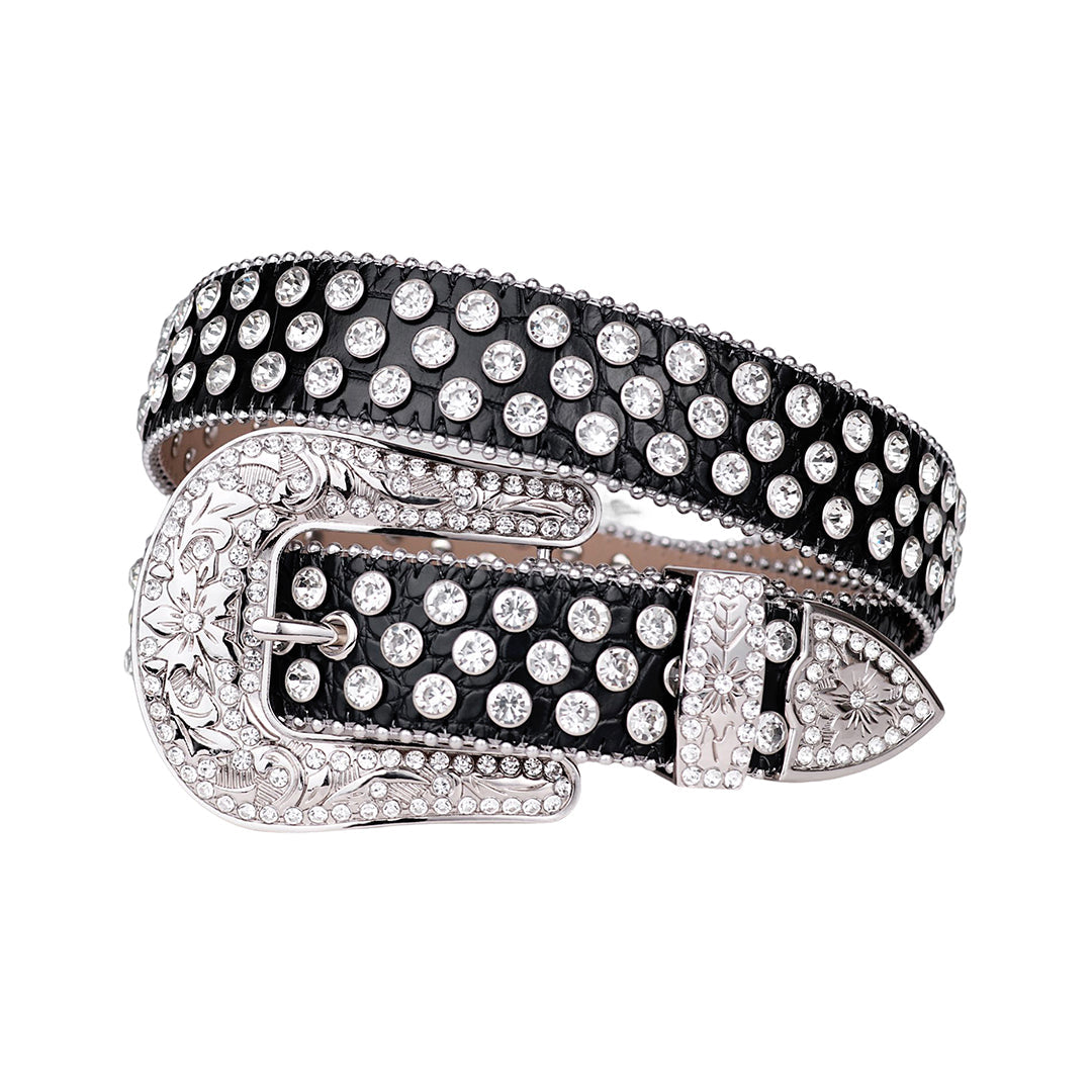 EngTRMved Buckle Black Strap With Crystal Studded Rhinestone Belt