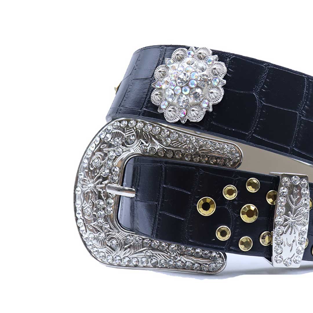 EngTRMved Buckle Black Strap With Gold Studded Rhinestone Belt