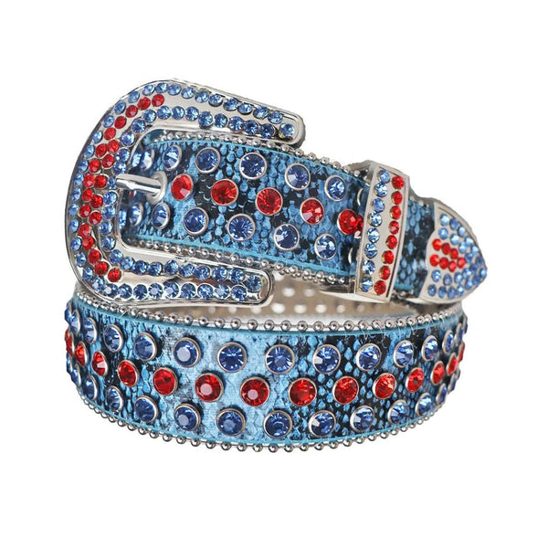 Red And Blue Rhinestone Belt With Blue Textured Strap