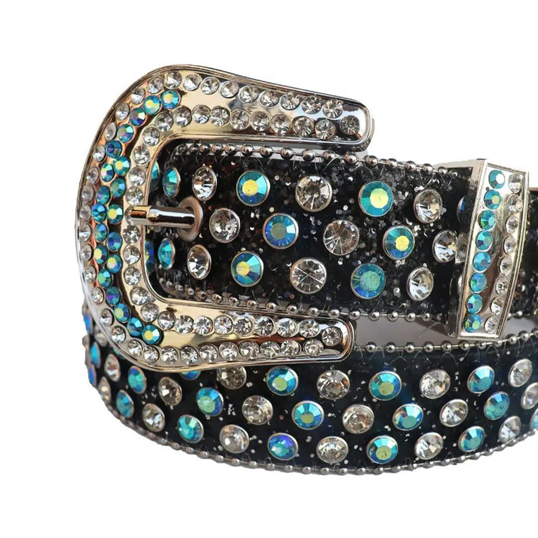 Aqua And Diamond Rhinestone Belt With Black Glitter Strap