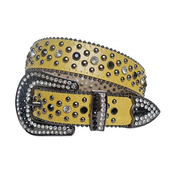 Diamond Rhinestone And Black Studs Belt With Yellow Strap