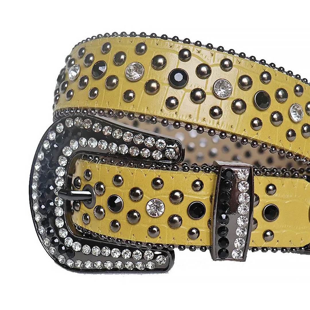 Diamond Rhinestone And Black Studs Belt With Yellow Strap