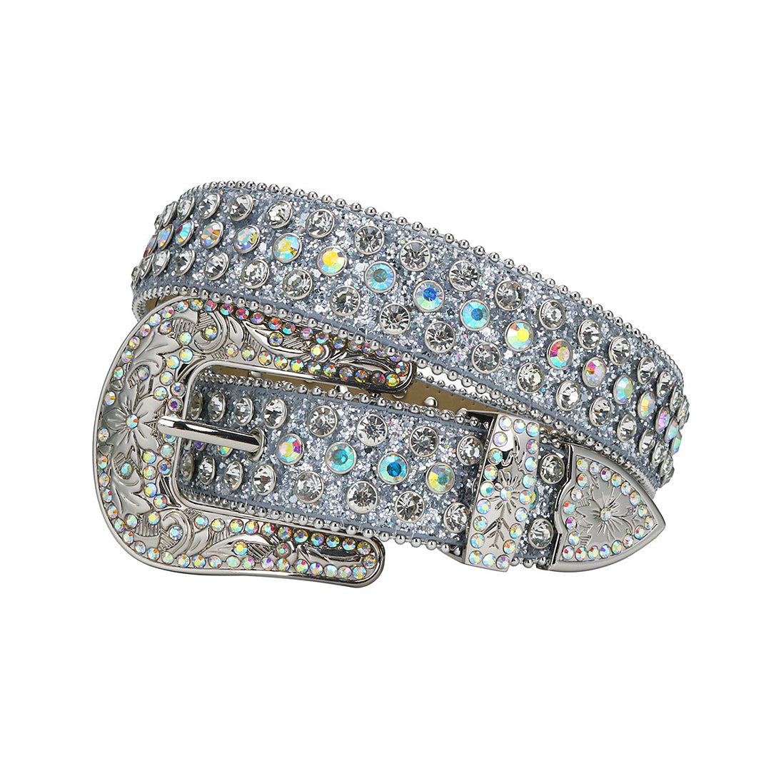 EngTRMved Buckle Shiny Grey Strap With Multi & Crystal Studded Rhinestone Belt