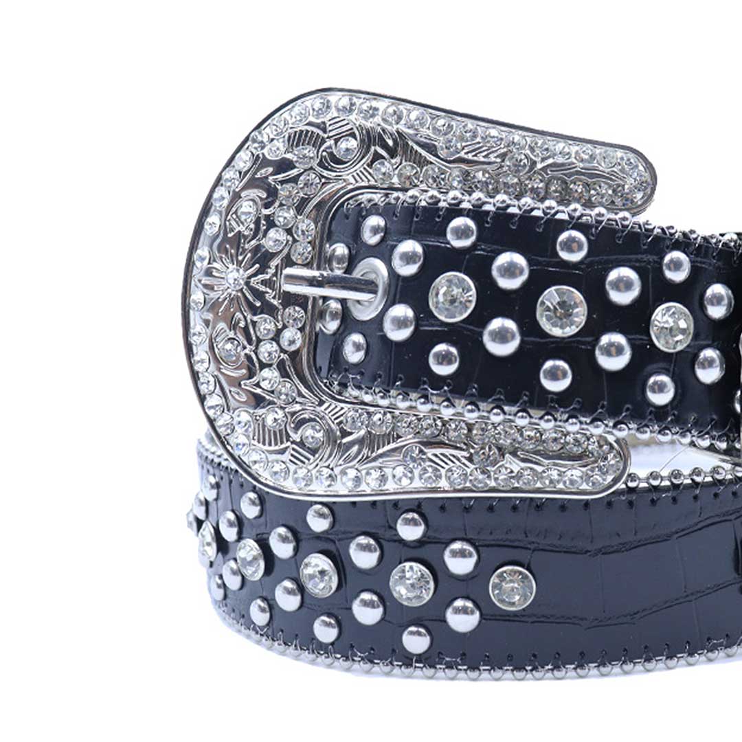 EngTRMved Buckle Black Strap With Crystal & Metal Studded Rhinestone Belt