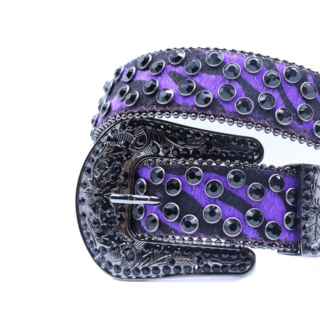 EngTRMved Buckle Purple Patterned Strap With Black Studded Rhinestone Belt