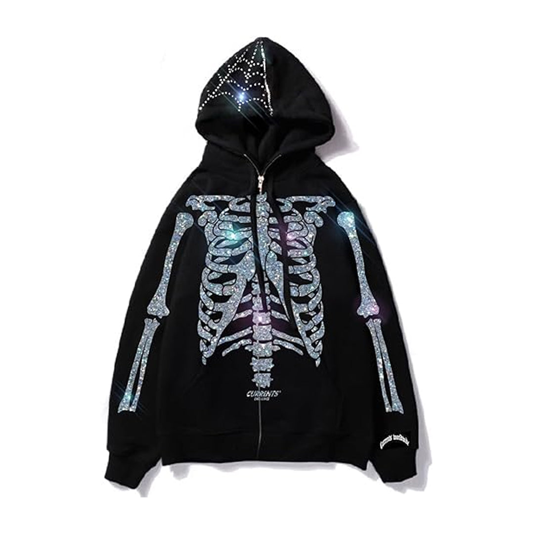 Skeleton Zip Up Halloween Rhinestone Hoodie