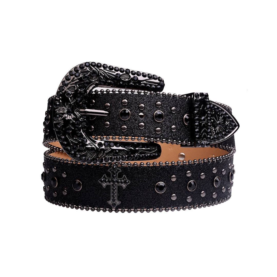 EngTRMved Buckle Cross Black Strap With Black Studded Rhinestone Belt