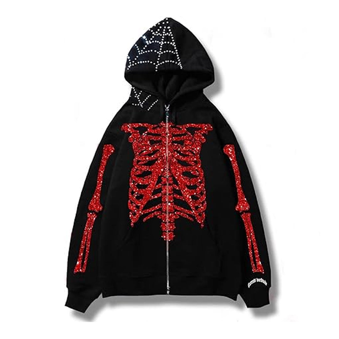 Skeleton Zip Up Halloween Rhinestone Hoodie