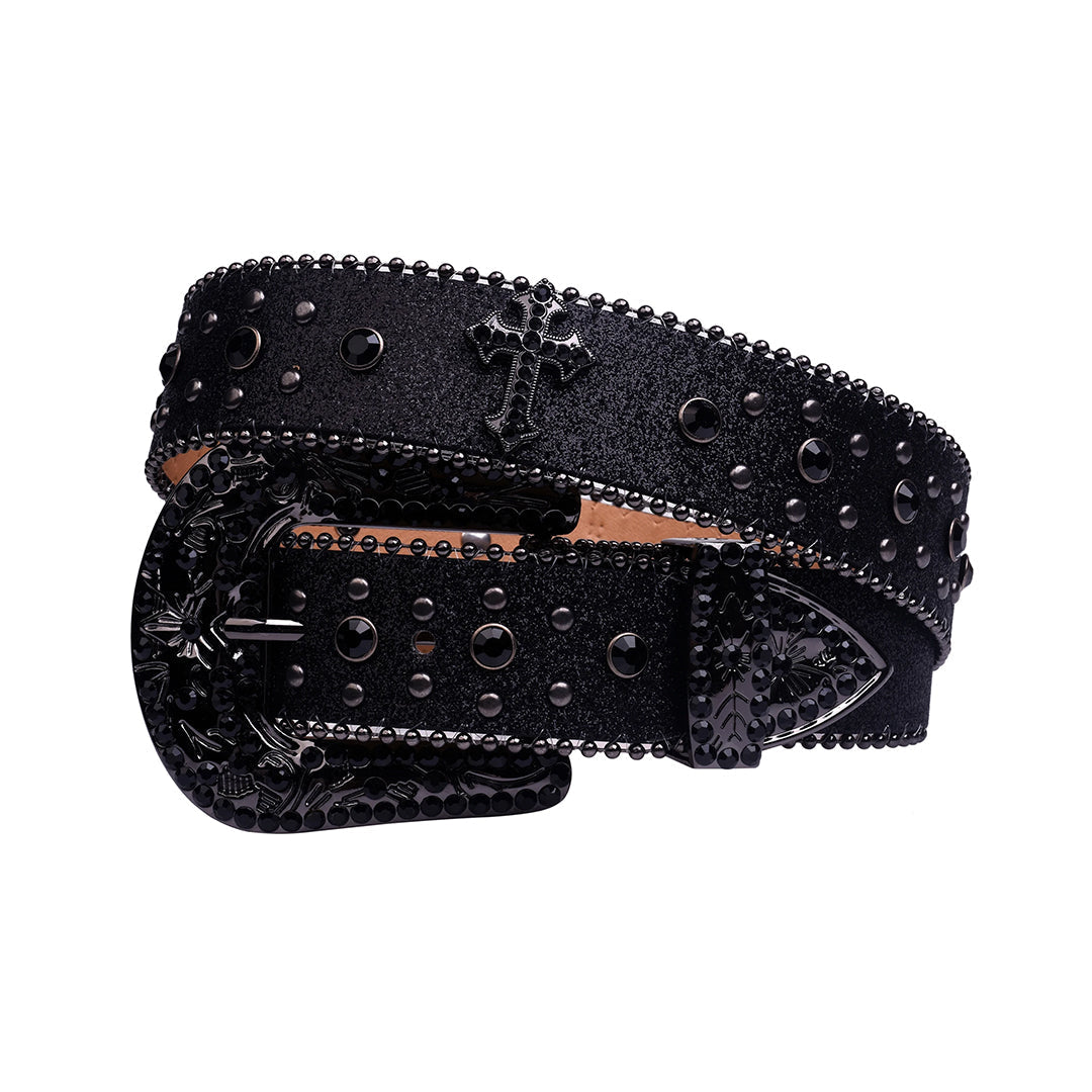 EngTRMved Buckle Cross Black Strap With Black Studded Rhinestone Belt