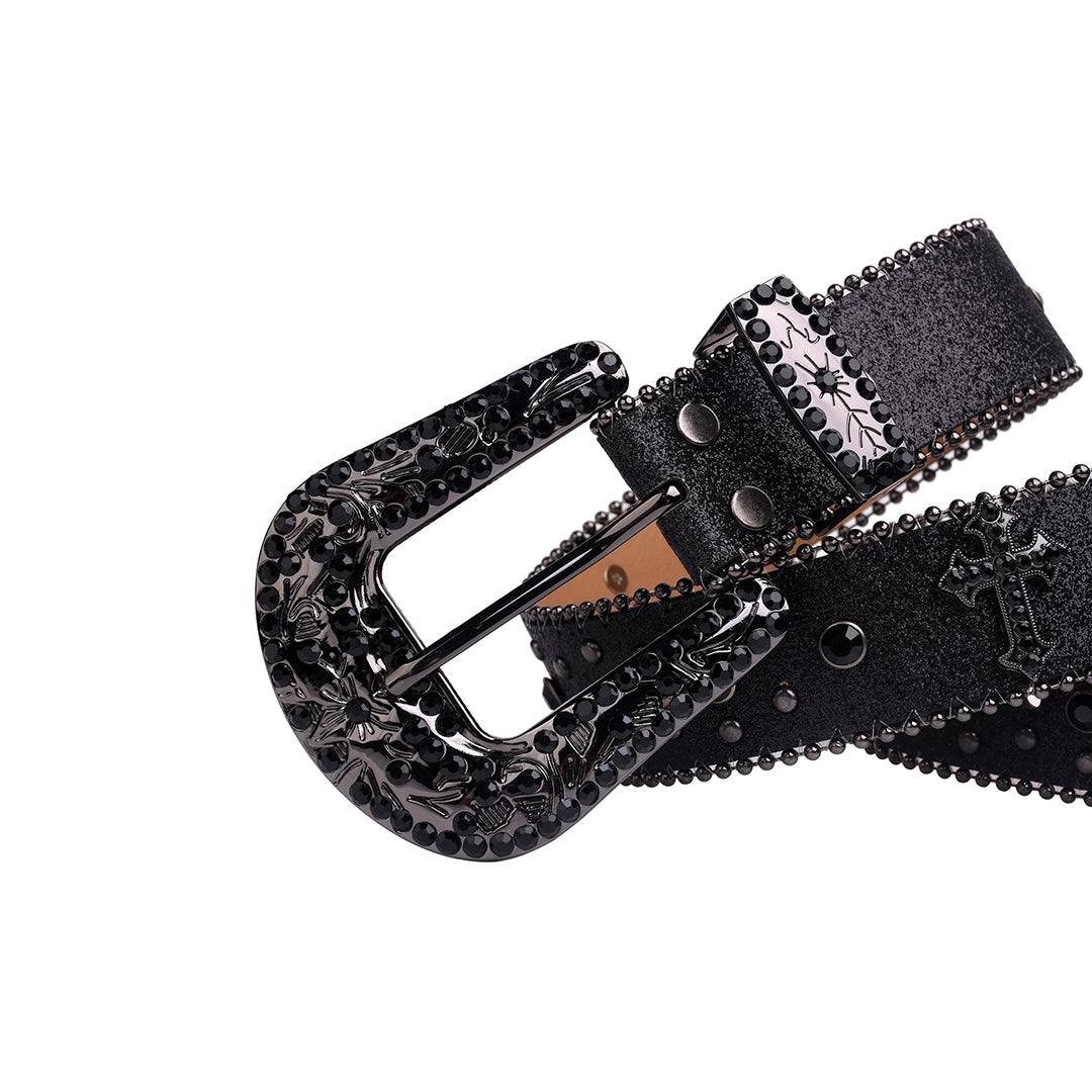 EngTRMved Buckle Cross Black Strap With Black Studded Rhinestone Belt