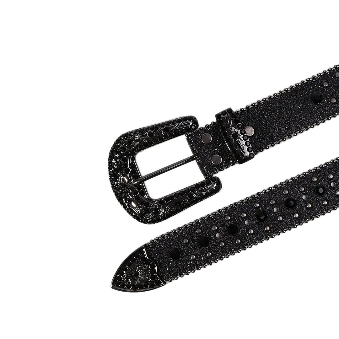 EngTRMved Buckle Cross Black Strap With Black Studded Rhinestone Belt