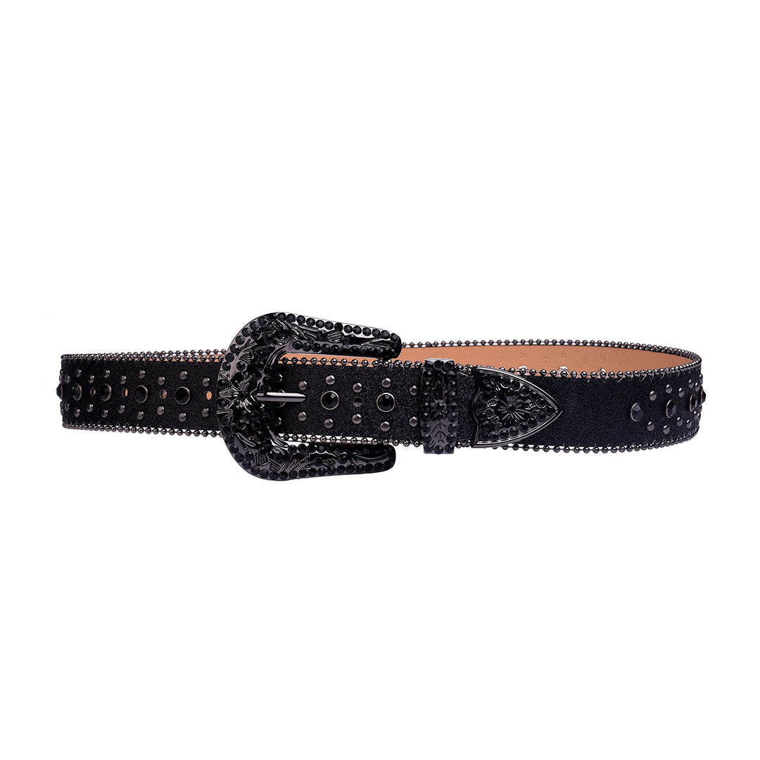 EngTRMved Buckle Cross Black Strap With Black Studded Rhinestone Belt