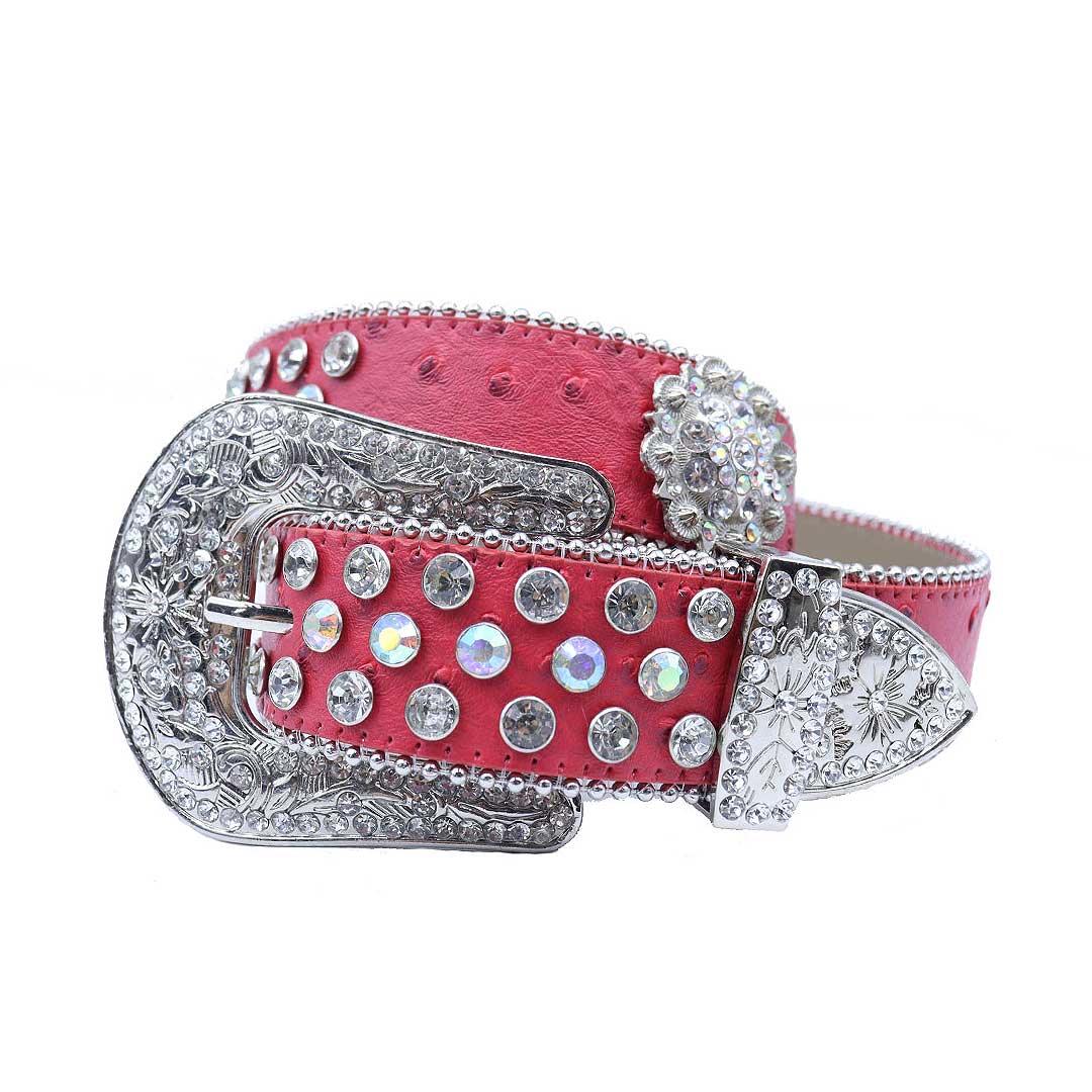 EngTRMved Buckle Flower Red Strap With Multi & Crystal Studded Rhinestone Belt