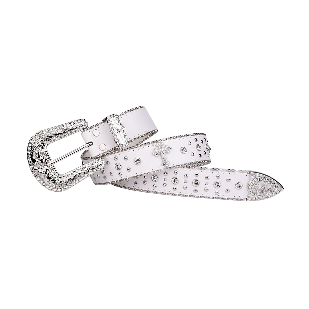 EngTRMved Buckle Cross White Strap With Crystal Studded Rhinestone Belt