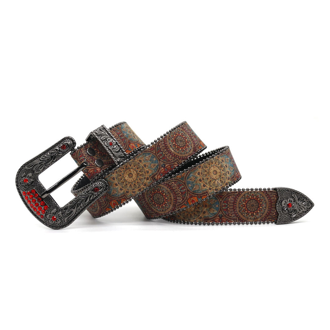 EngTRMved Buckle Zombie Art Red Studded Rhinestone Belt