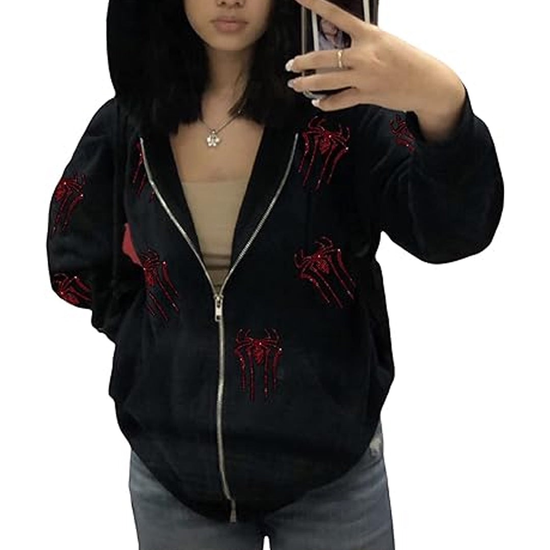Hip Hop Spider Design Rhinestone Hoodie