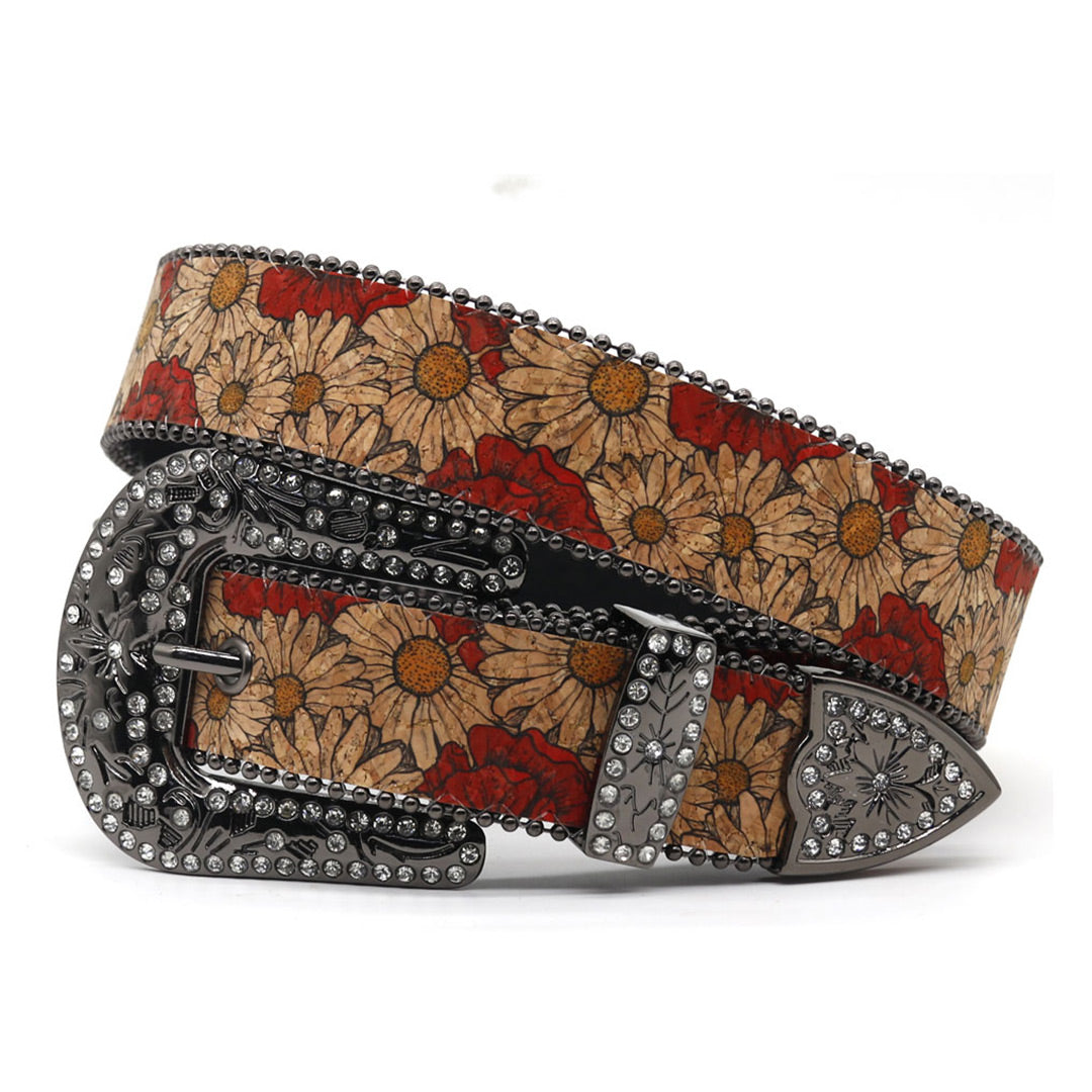 EngTRMved Buckle Flower Art White Studded Rhinestone Belt