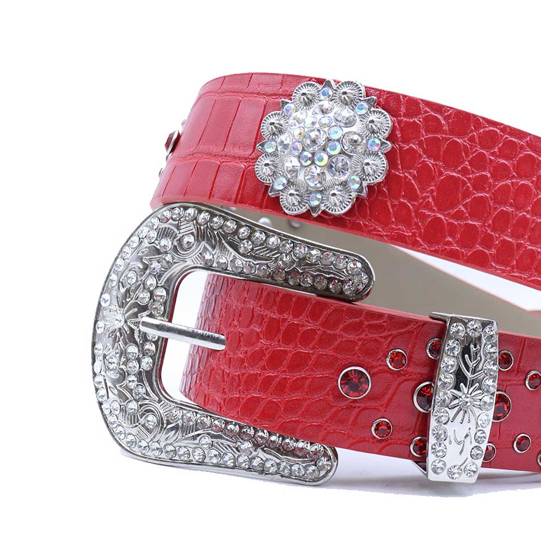 EngTRMved Buckle Flower Red Strap With Red Studded Rhinestone Belt