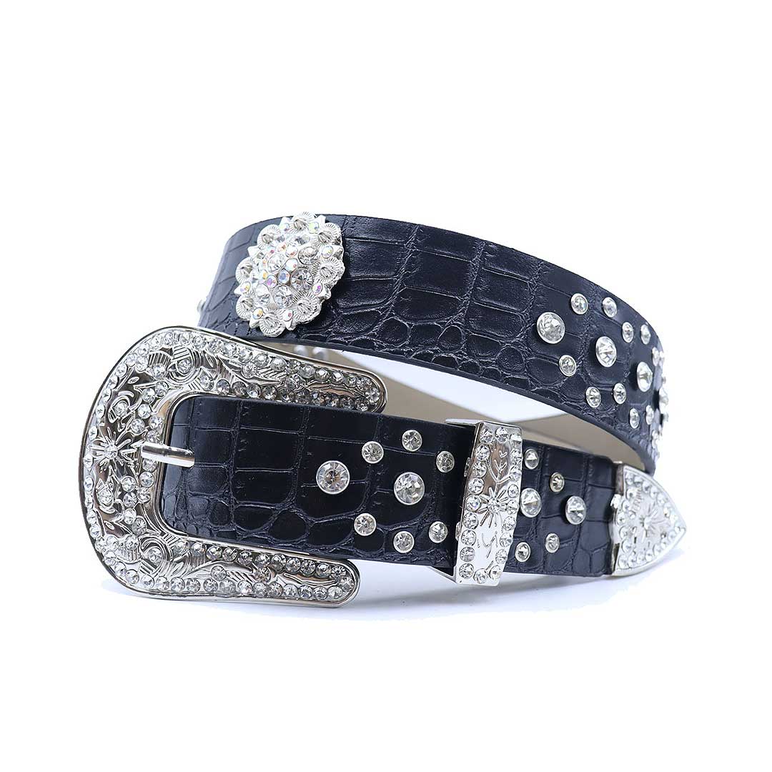 EngTRMved Buckle Flower Black Strap With Crystal Studded Rhinestone Belt