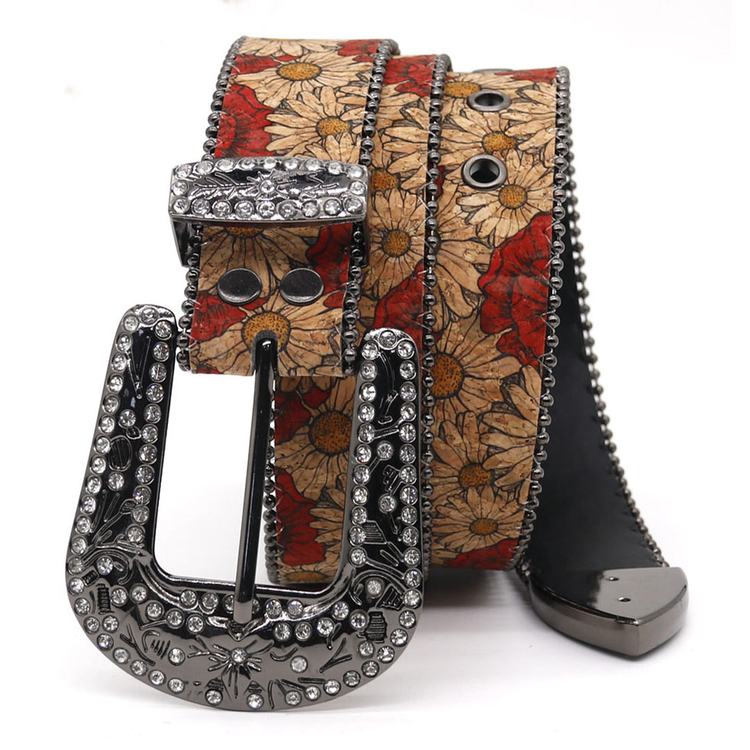EngTRMved Buckle Flower Art White Studded Rhinestone Belt