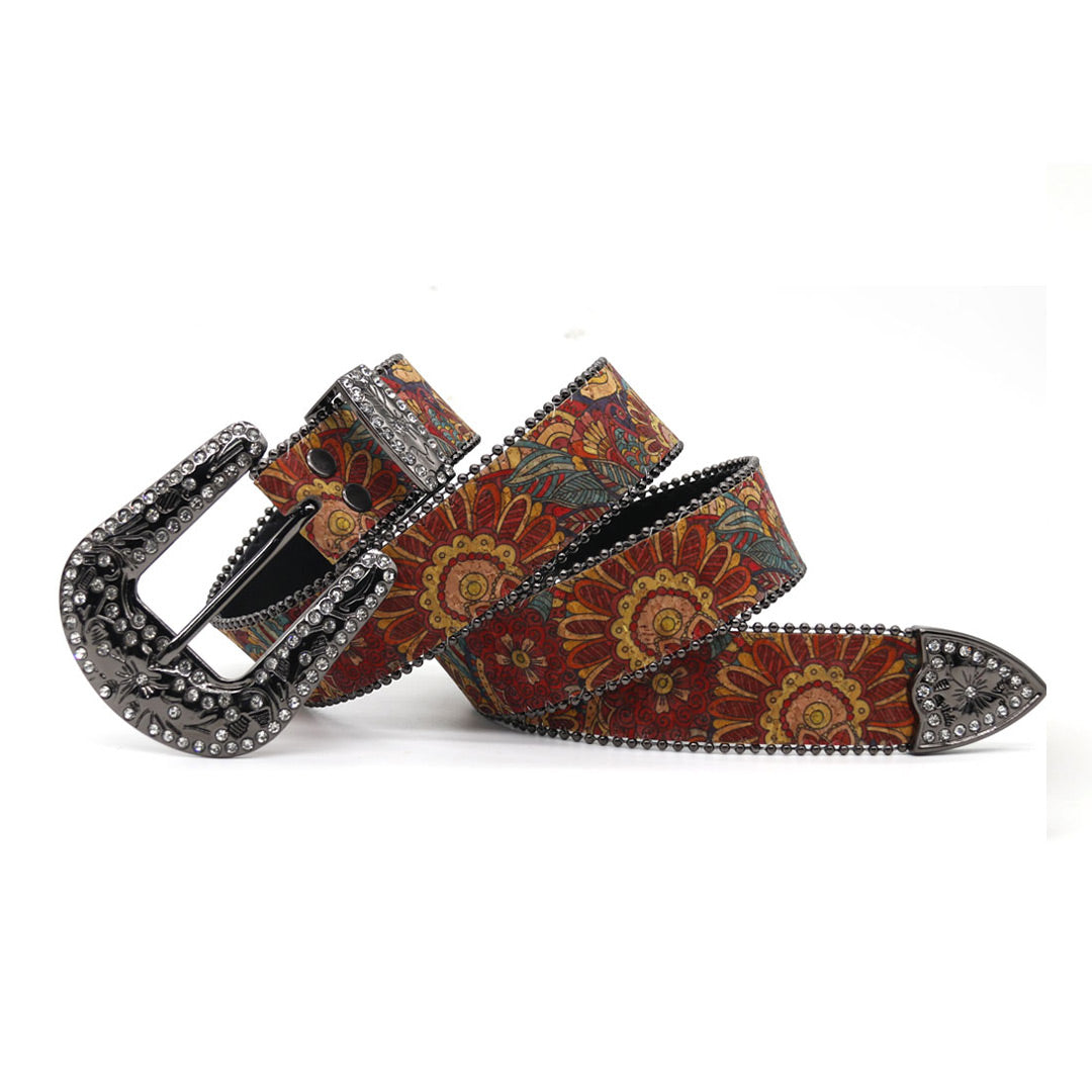EngTRMved Buckle Flower Art White Studded Rhinestone Belt