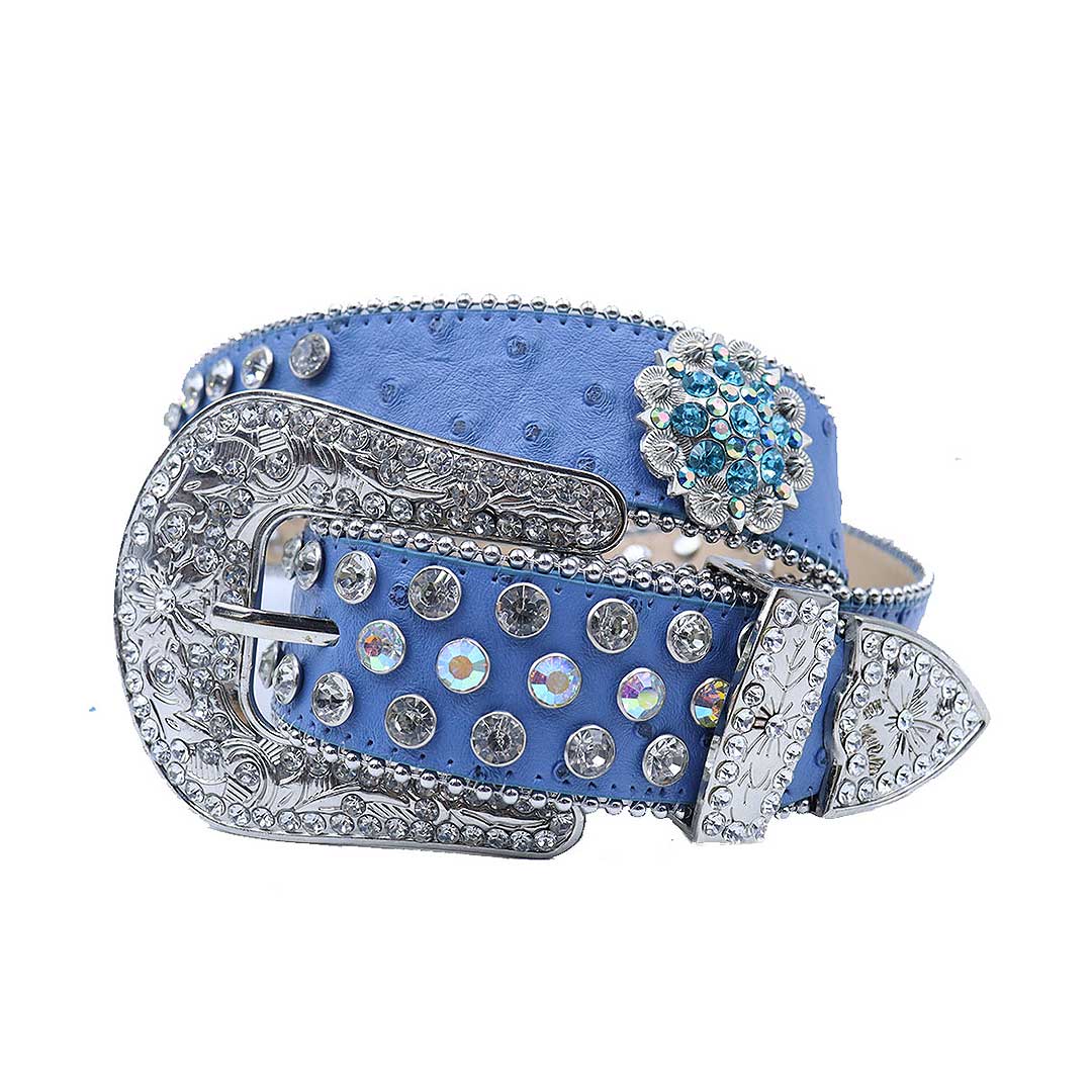EngTRMved Buckle Flower Blue Strap With Multi & Crystal Studded Rhinestone Belt