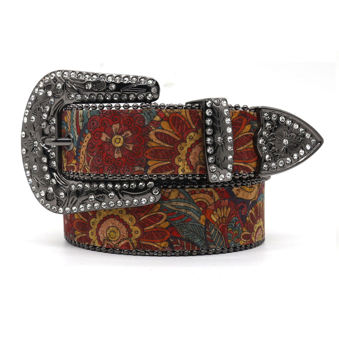 EngTRMved Buckle Flower Art White Studded Rhinestone Belt