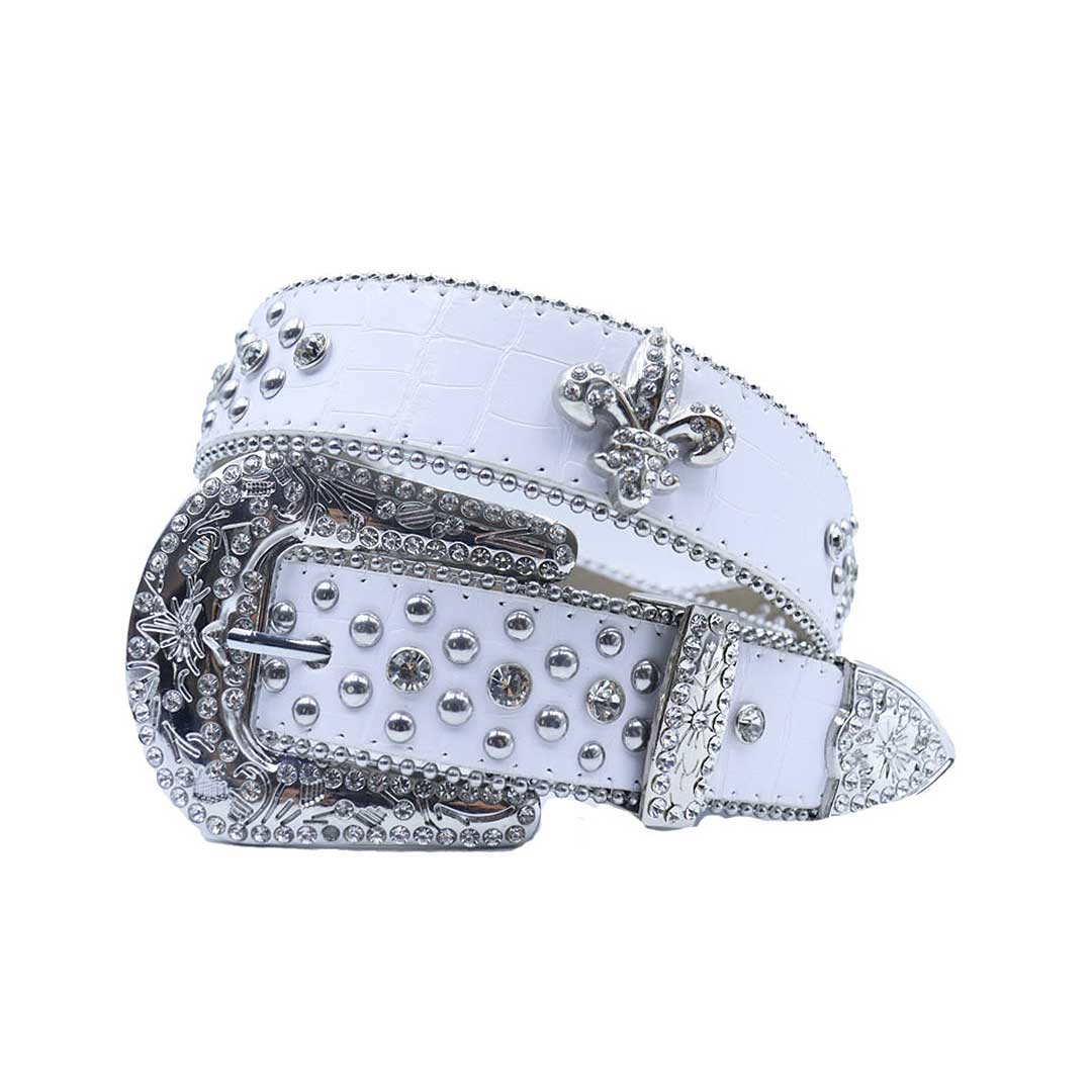 EngTRMved Buckle Crown White Strap With Crystal & Metal Studded Rhinestone Belt