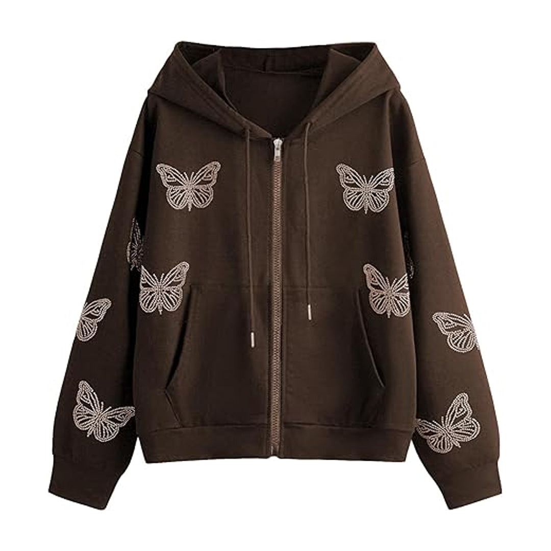 Women's Casual Butterfly DTRMwstring Rhinestone Hoodie