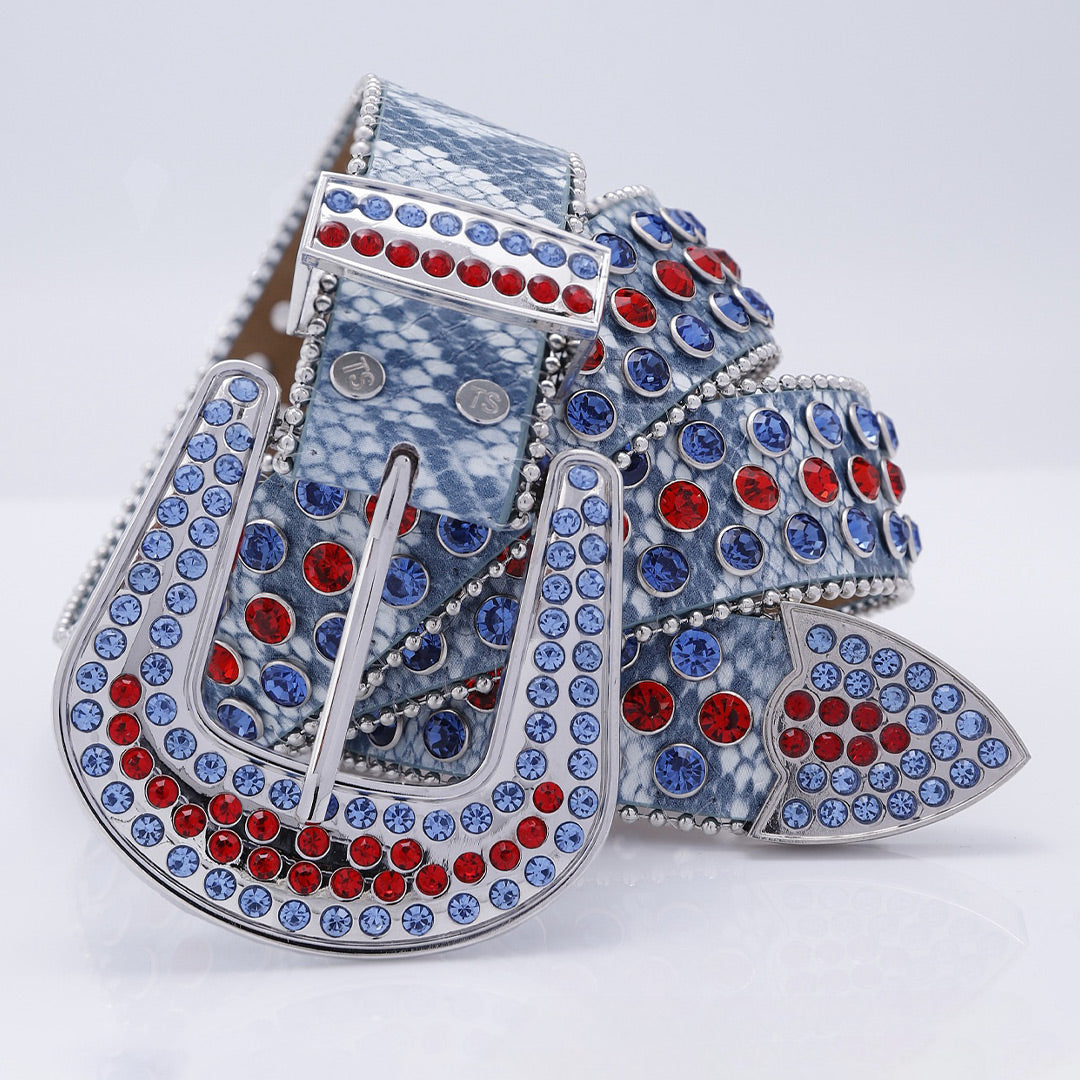 EngTRMved Buckle Ruby Strap Blue & Red Studded Rhinestone Belt
