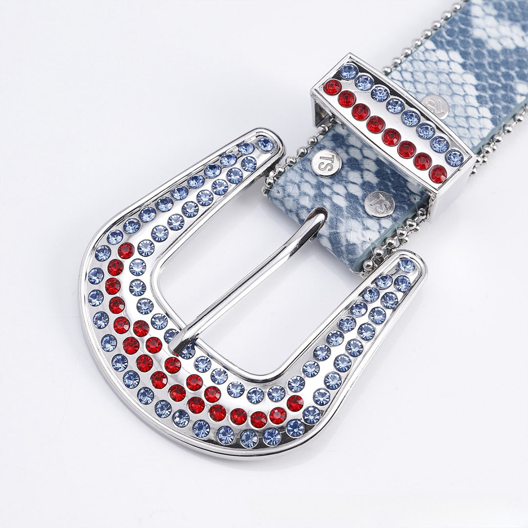 EngTRMved Buckle Ruby Strap Blue & Red Studded Rhinestone Belt