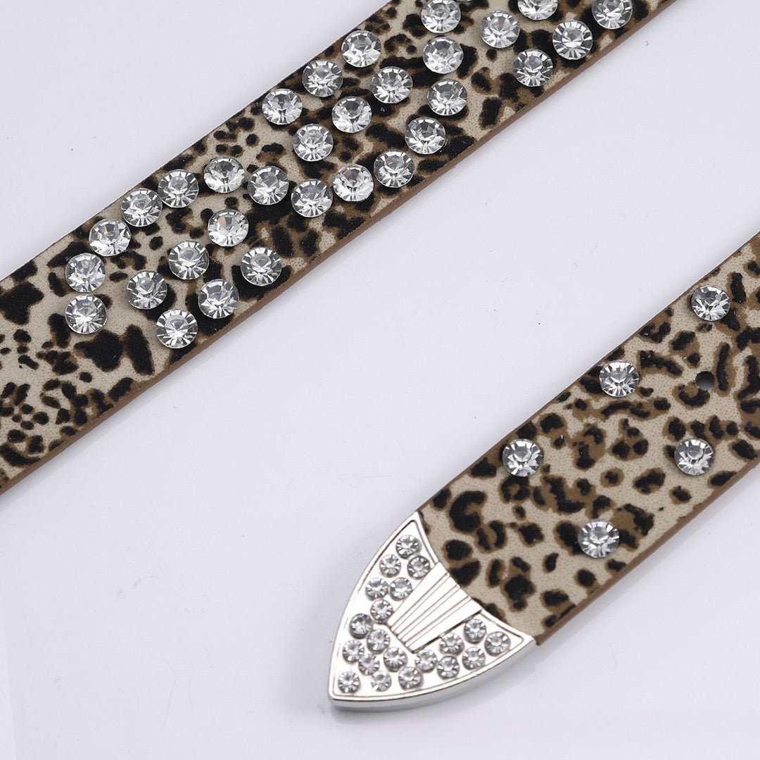 EngTRMved Buckle Leopard Strap White Studded Rhinestone Belt