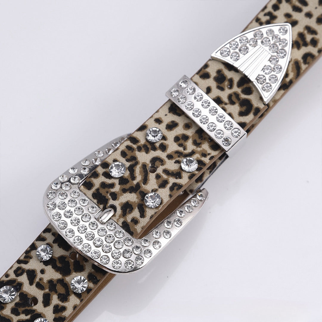 EngTRMved Buckle Leopard Strap White Studded Rhinestone Belt
