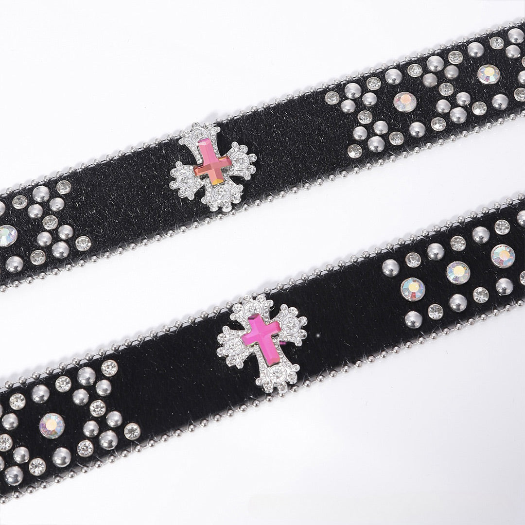EngTRMved Buckle Pink Cross Black Strap White Studded Rhinestone Belt